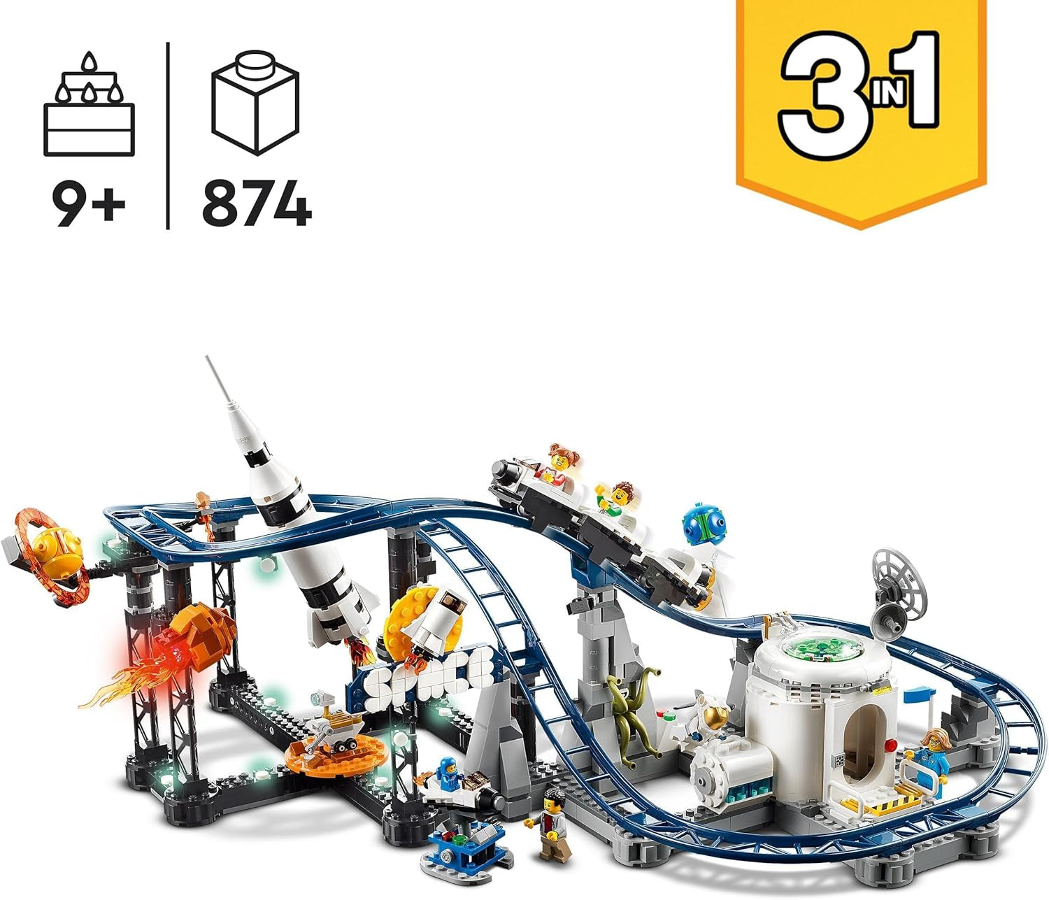 LEGO 31142 Creator 3-i-1 Space Rollercoaster Toy Kit för barn med vagnar, konverteras till ett frittfallstorn eller karusell med raketer och glödande klossar Byggset Besuche den LEGO-Store