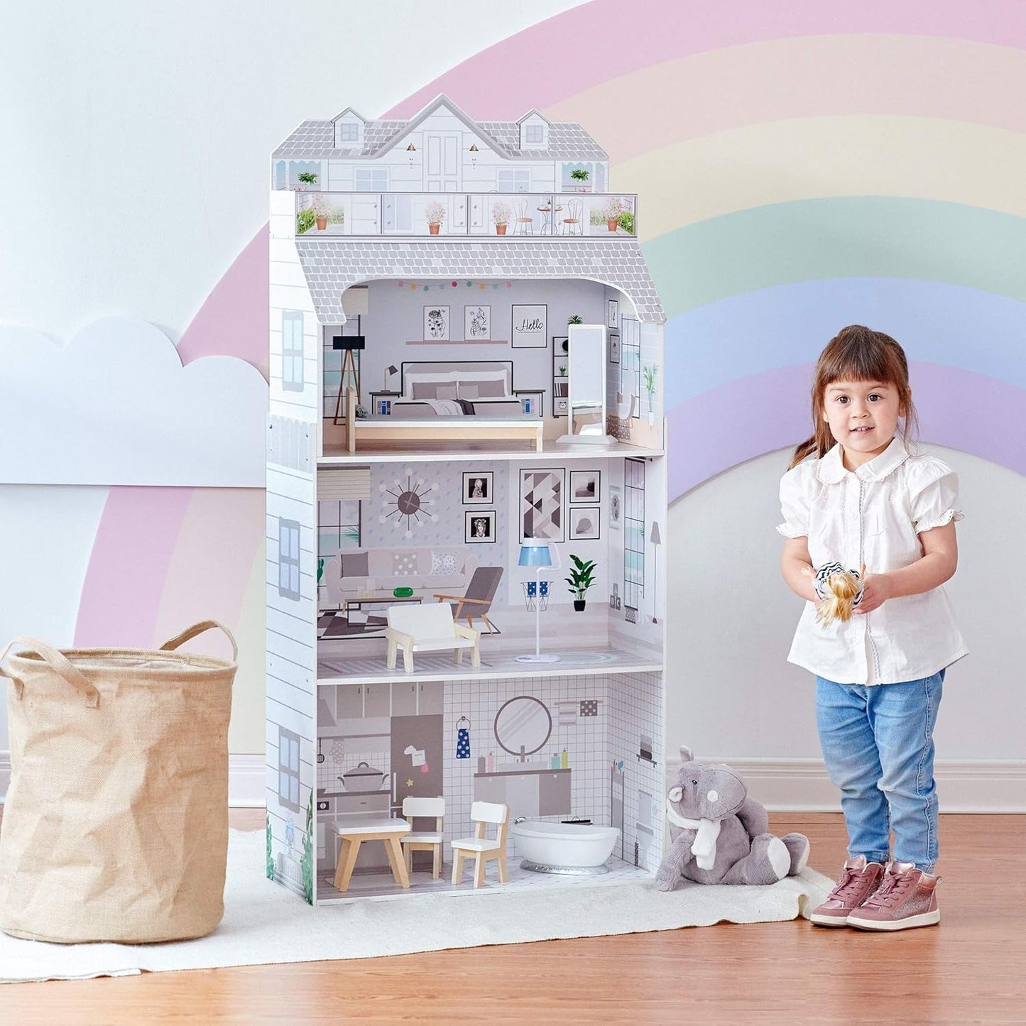 Teamson Kids Olivia's Little World Giant Dollhouse med möbler och tillbehör, dockhus i trä, 3-vånings lekset för 30 cm dockor, åldrar 3+