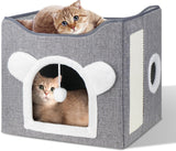Katzenbetten für Indoor Katzen, Faltbares Katzenhaus, Katzenhöhle 2 Schicht Würfel Großer Raum Katzenbett mit Kratzbrett und Spielball, 15,8 x 15,8 x 15tum
