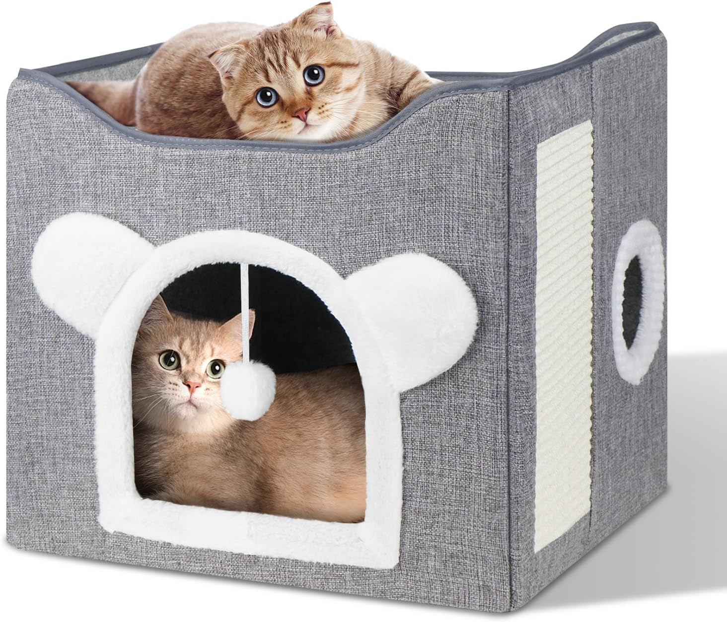 Katzenbetten für Indoor Katzen, Faltbares Katzenhaus, Katzenhöhle 2 Schicht Würfel Großer Raum Katzenbett mit Kratzbrett und Spielball, 15,8 x 15,8 x 15tum