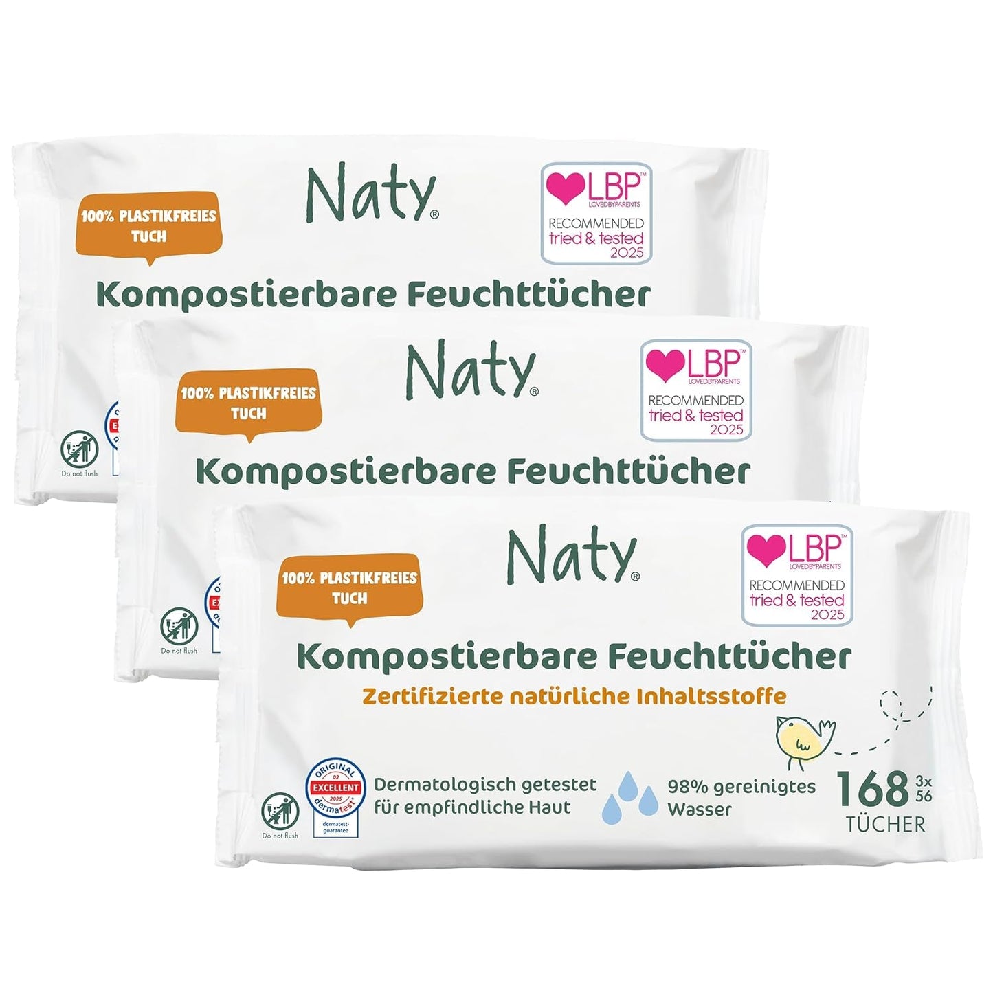 Naty babyservetter | 100 % ört- och doftfri för känslig hud | Plastfria och certifierade komposterbara våtservetter med 98 % renat vatten | 672 våtservetter (12 förpackningar)