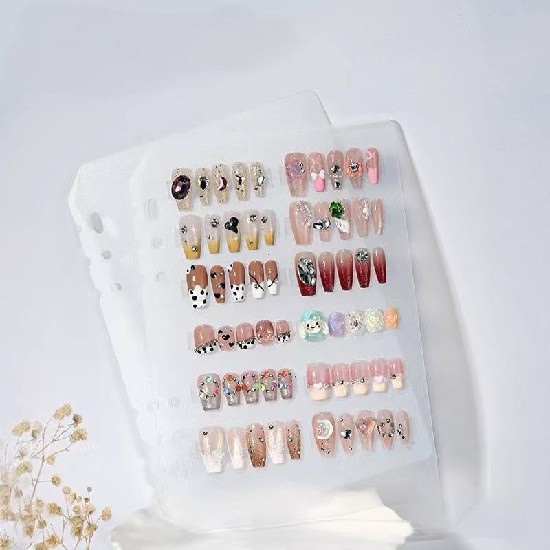 A5 Nail Organizer Set med klammerförslutning och avtagbara ark - Robust genomskinlig låda + 6 självhäftande kuddar och löstagbar konstgjord/häftande nagelförvaringsbok - Idealisk för förvaring, presentation
