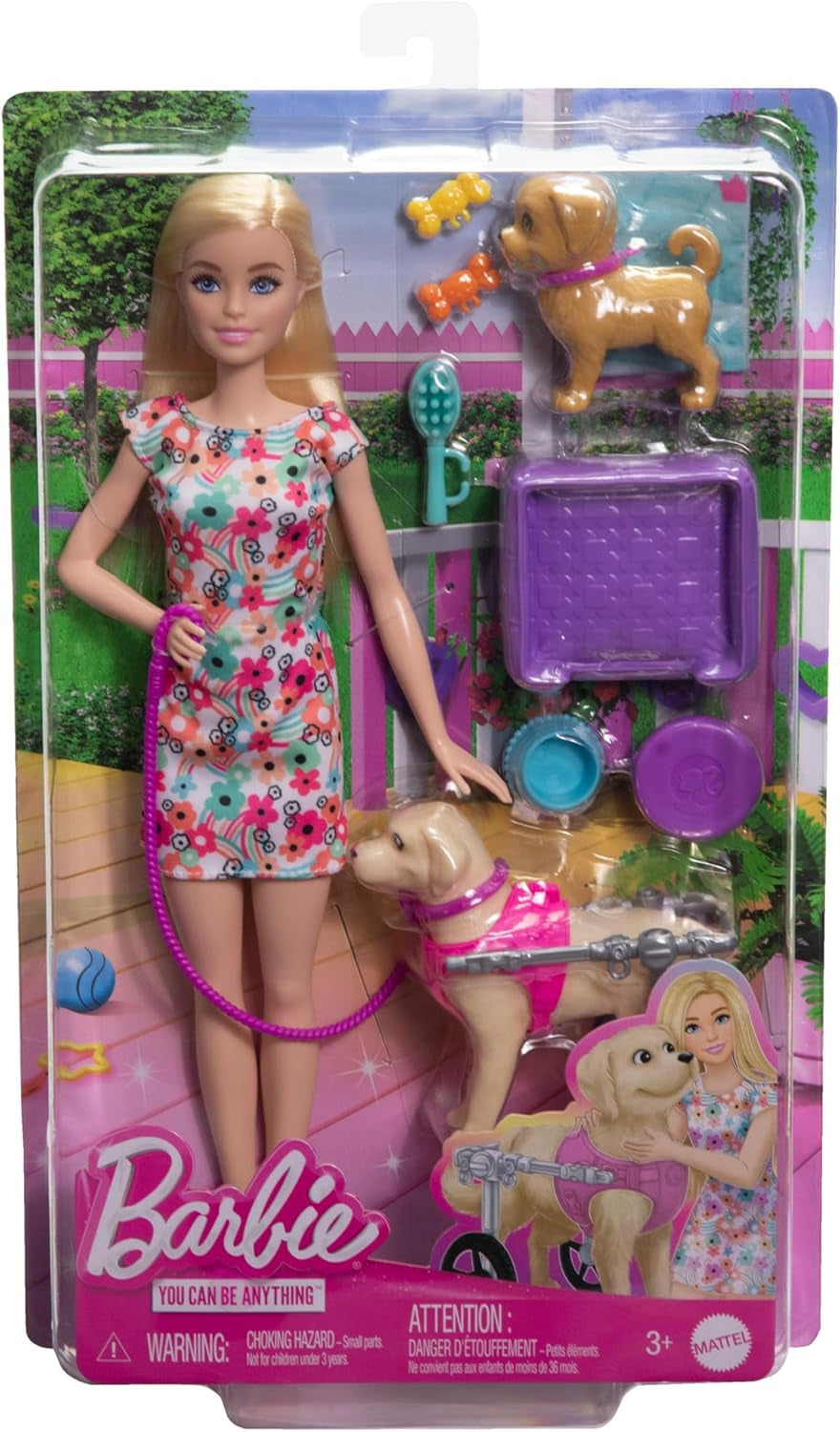 Barbie Dog Duo docka och tillbehör, inklusive liten hund och stor hund med rullstol, koppel, matskål, husdjurssäng och godisben, från 3 år och uppåt, HTK37 Naty Shop Dolls