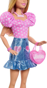 Fashionabla Barbie Doll 71 cm blond med avtagbara kläder Rosa topp jeanskjol Cowboyboots Halsband och handväska HYT84