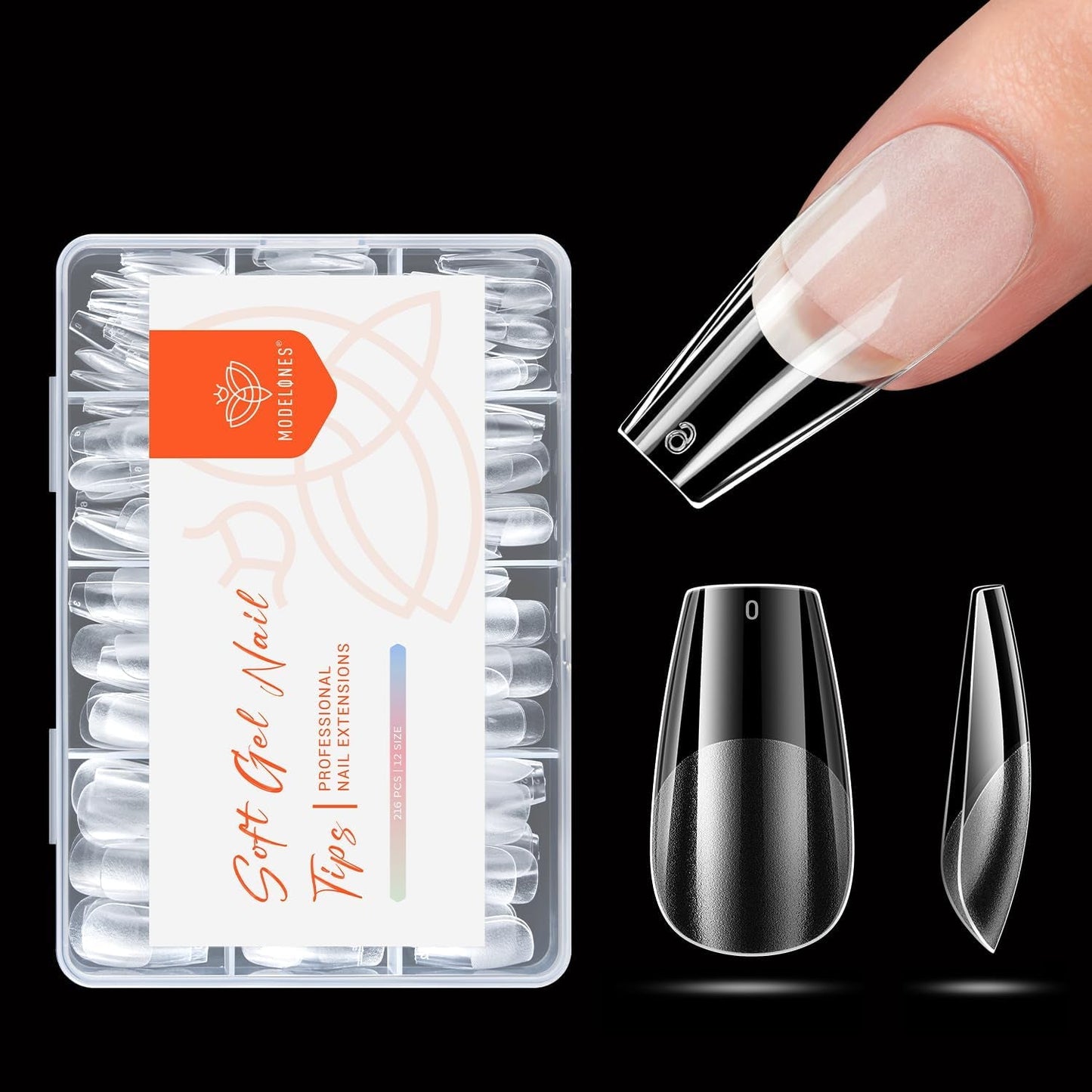 Modelones Nail Tips 216 bitar - Heltäckande Nail Tips Set, Soft Gel Tips Set, Pre-Polishing PMMA Resin Nail Tips, DIY Lime On Nail Art konstgjorda naglar, korta mandlar XS