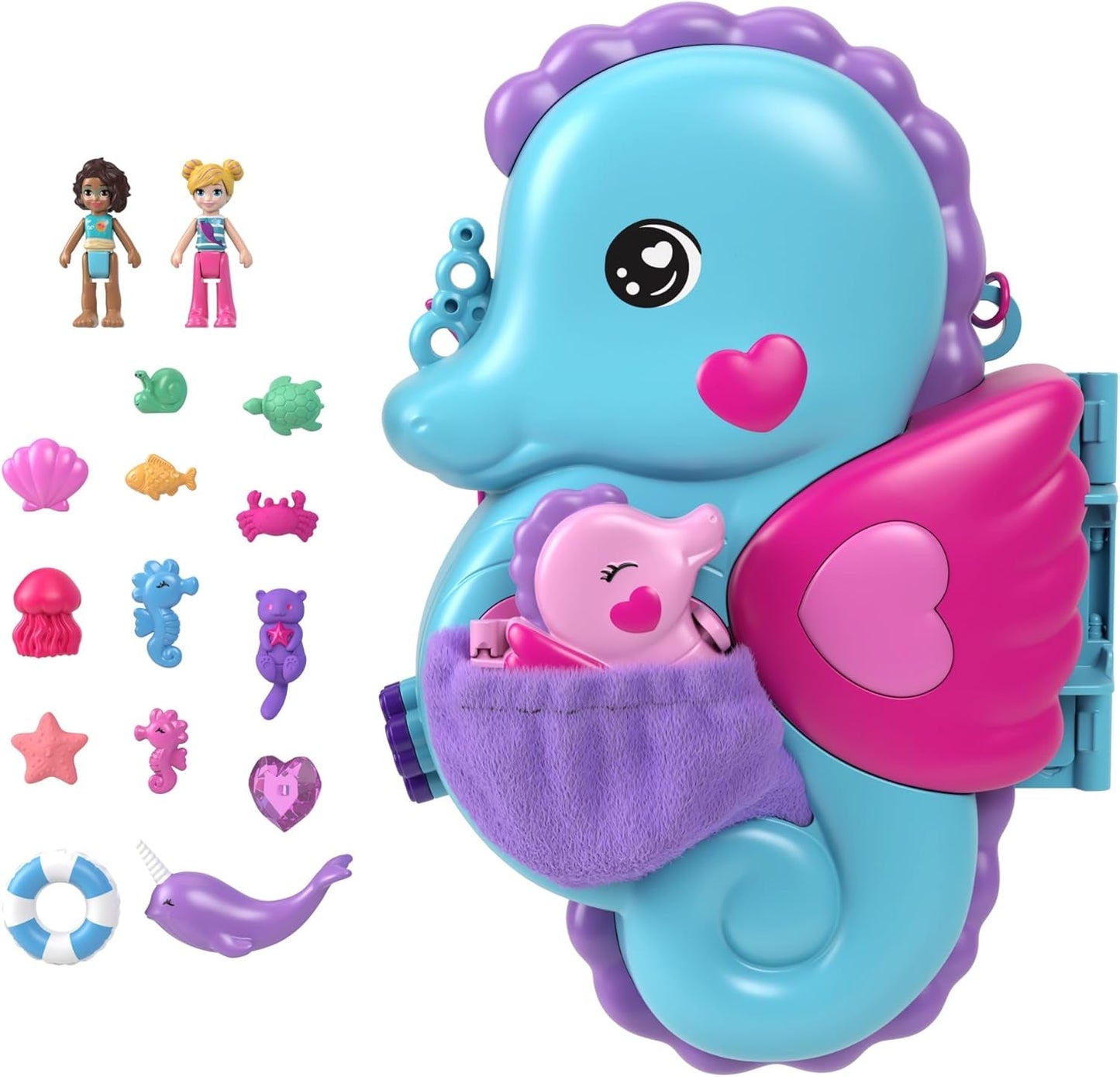 Polly Pocket Coffin Underwater Theme Wrap Around Shell Bag med 2 dockor och 1 ubåt Polly Pocket Mermaid Toy Age 4 GNH11 Naty Shop Dolls Seahorse Bag
