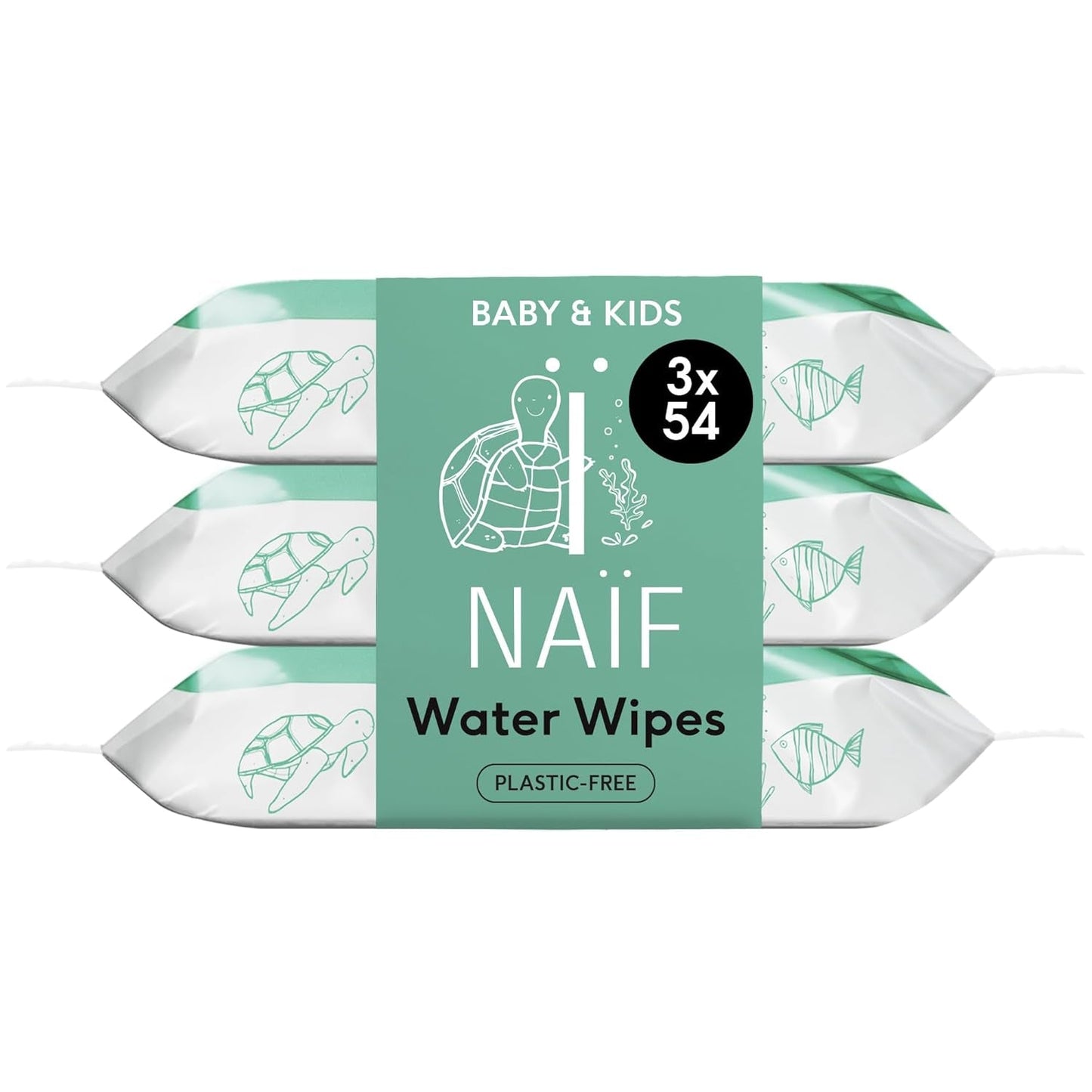 Naïf - Plastfria våtservetter - 162 stycken (3 förpackningar med 54 våtservetter vardera) - Vård för bebisens rumpa, kropp och ansikte - 99% vatten - 0% doft och alkohol