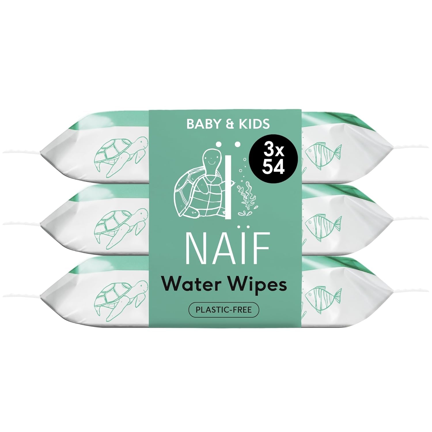 Naïf - Plastfria våtservetter - 162 stycken (3 förpackningar med 54 våtservetter vardera) - Vård för bebisens rumpa, kropp och ansikte - 99% vatten - 0% doft och alkohol
