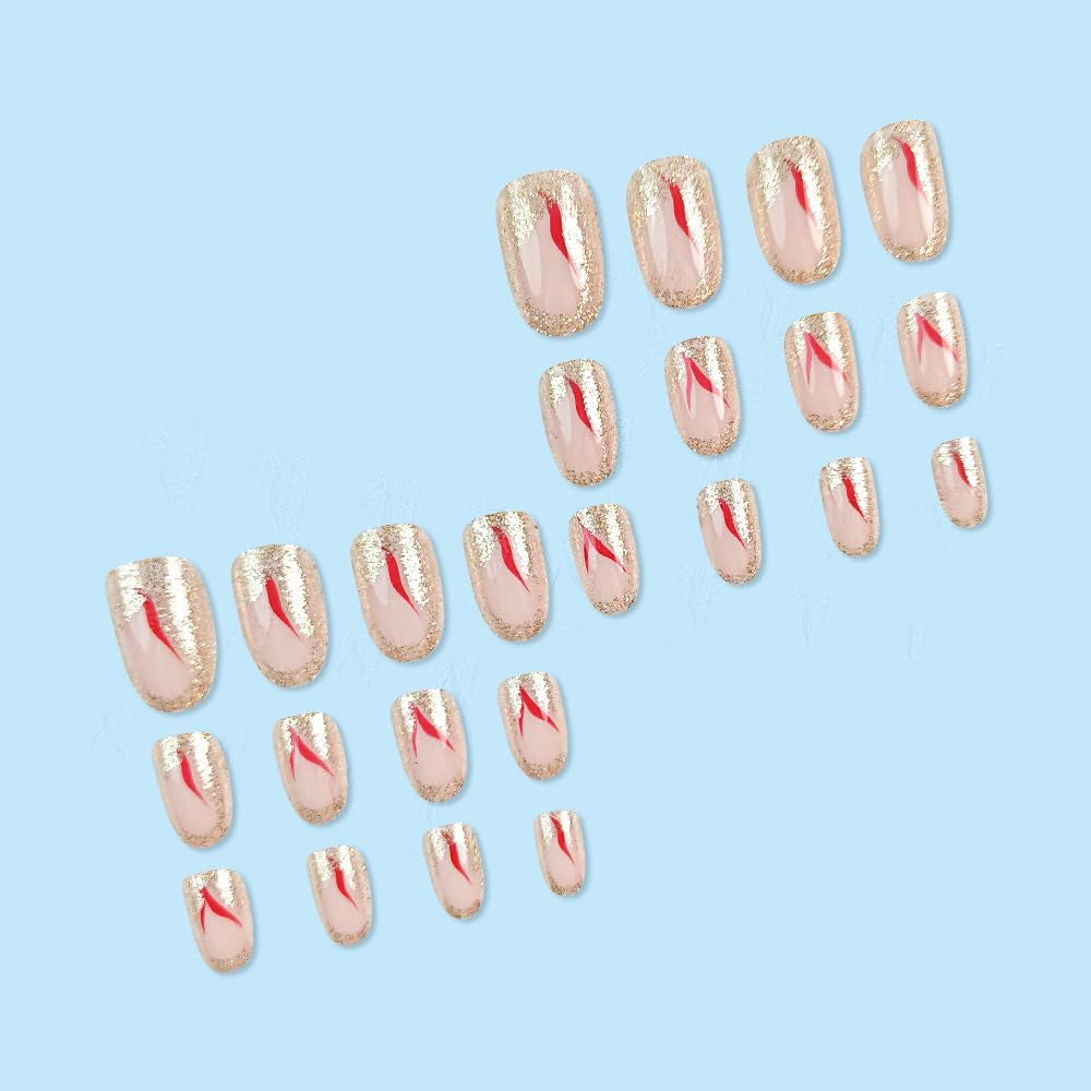 24st Kort tryck på naglar Guldglitter Fake Nails Lime On Red Swirl Adhesive Nails Set Akrylnaglar Dam Accessoarer