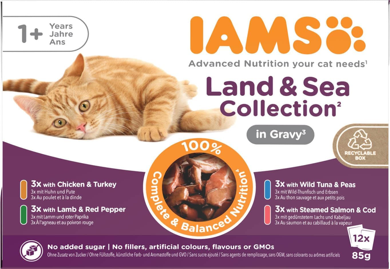 IAMS Delights Land & Sea Collection Wet Cat Food - Kött- och fisksortiment Multipack i sås, våtfoder för katter 1 år och äldre, 12 x 85g