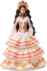 Barbie Signature Day of the Dead 2025 docka samlarfigur i krämfärgad klänning med volanger, ringblommor och rosetter, blomkrona i hår och Calavera ansiktsfärg, JBJ05