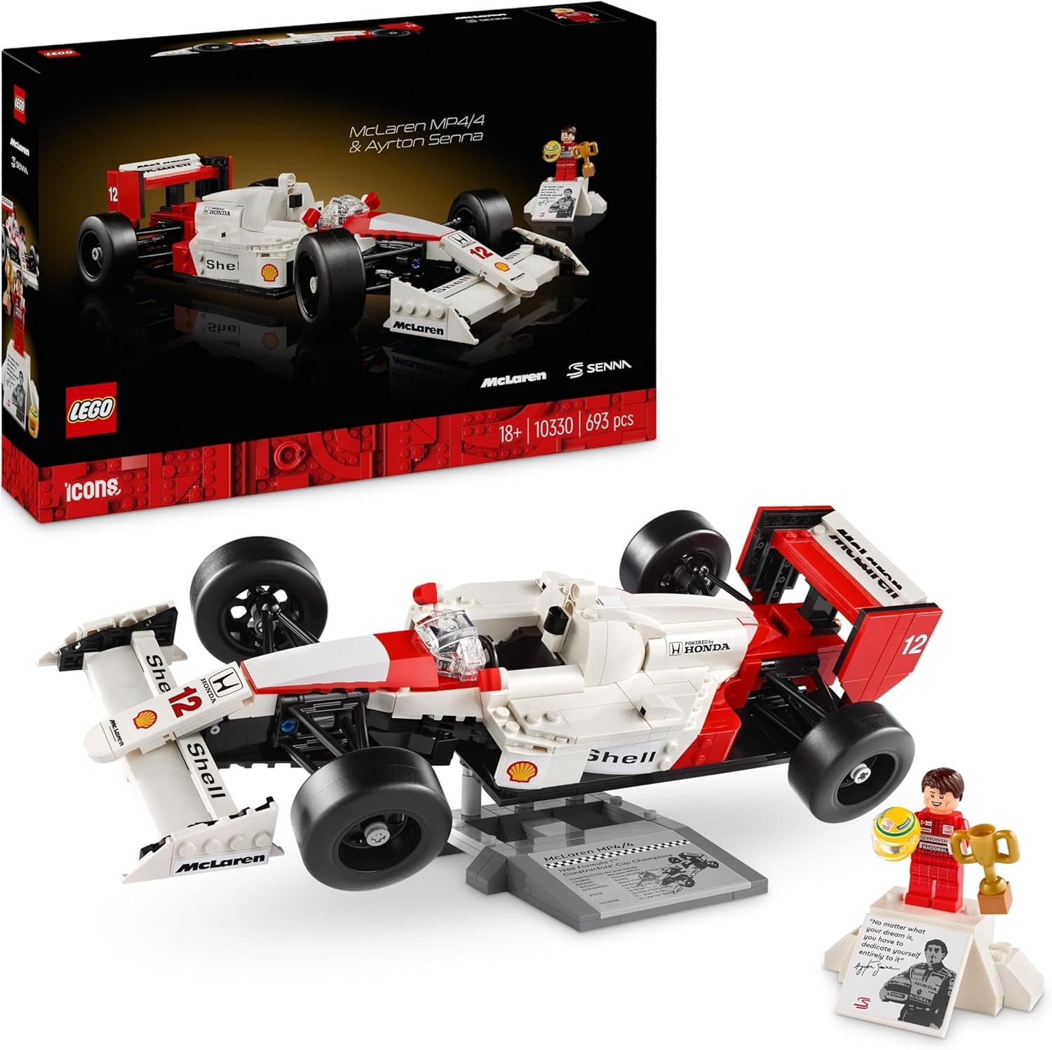 LEGO Icons Mclaren MP4/4 & Ayrton Senna modellbilset, F1 racingbilssats för vuxna med racerminifigur, samlarobjekt, presentidé för män, kvinnor, honom och hennes 10330 byggset Besuche den LEGO-Store Single
