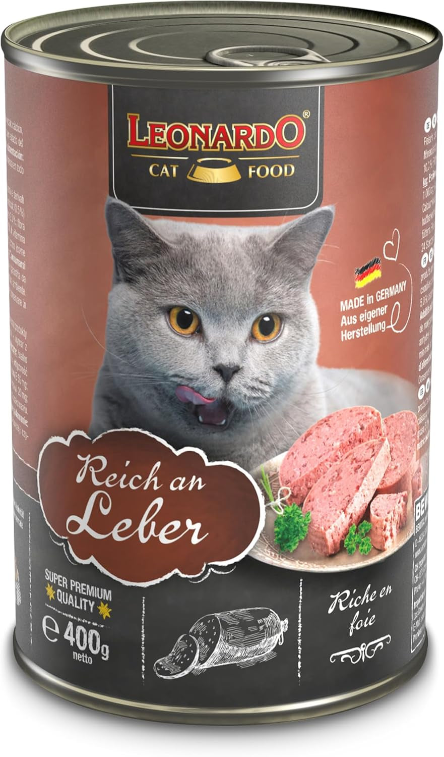 LEONARDO Blötfoder [6x400g lever] | Våt spannmålsfri kattmat | Komplett våt burkmat