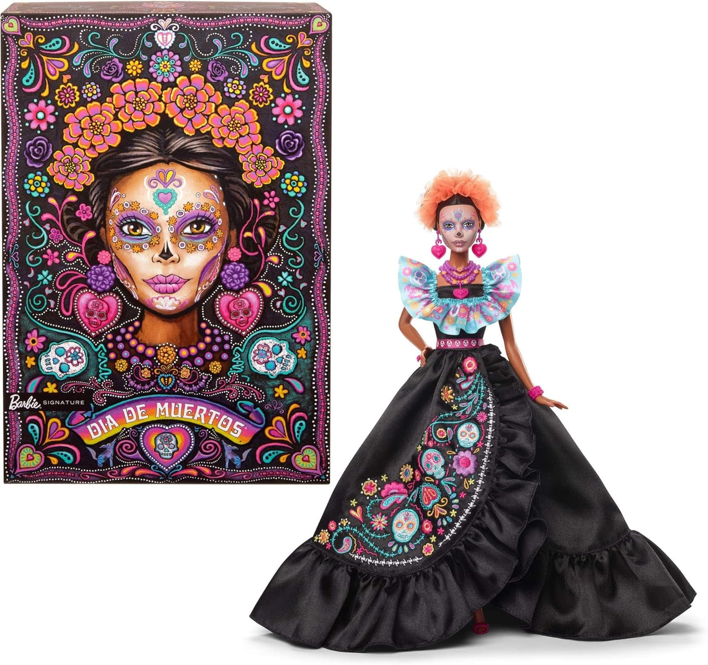 Barbie signaturdocka, Día De Muertos 2024 samlarfigur i svart klänning och blå volang överdel, broderat tryck och färgglada tillbehör, HRM72
