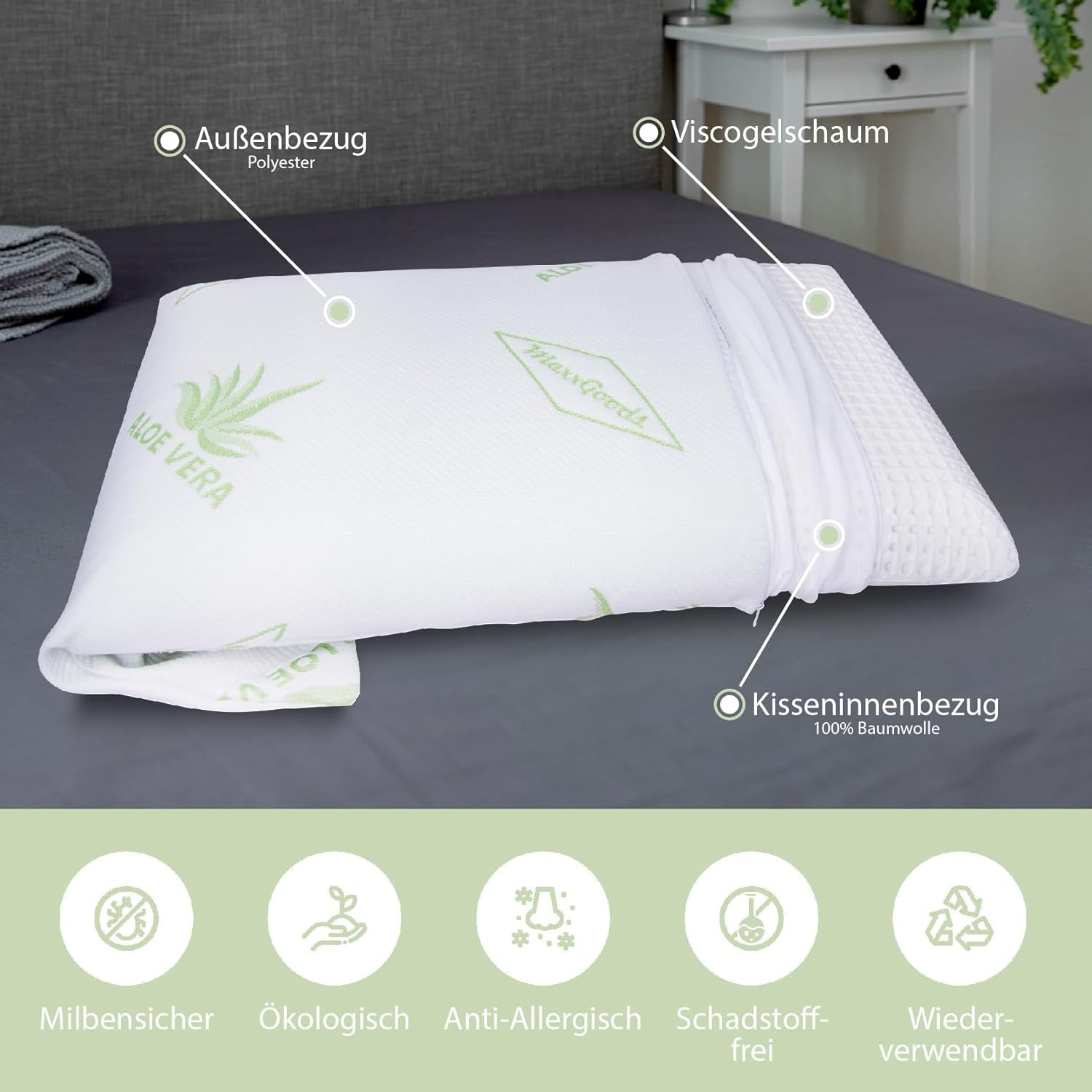 Maxxgoods ortopedisk kudde Visco Gel Foam Nackstödskudde med Aloe Vera skyddande överdrag och 100 % bomull Inneröverdrag - Kudde för mage, rygg och sidosömmar (42 cm x 70 cm x 12 cm) cervikala ortopediska kuddar Naty Shop