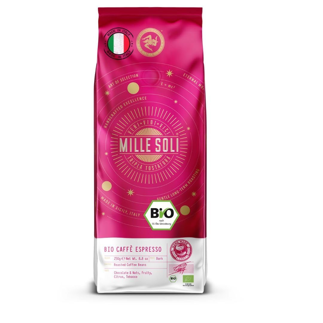 Caffè ekologiska espressobönor 250 g - 100 % ekologiska - Rostade på Sicilien - Århundraden gammal handgjord rostningsmetod - Premium espressobönor för helautomatiska maskiner och portafilter