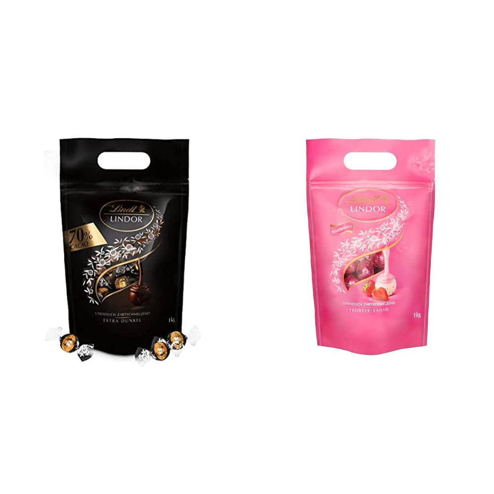 Lindt LINDOR Extra mörka chokladbollar och LINDOR Strawberry Creme Chokladbollar | 1 kg återförslutningsbar påse | ca. 80 vita chokladbollar med jordgubbsgrädde