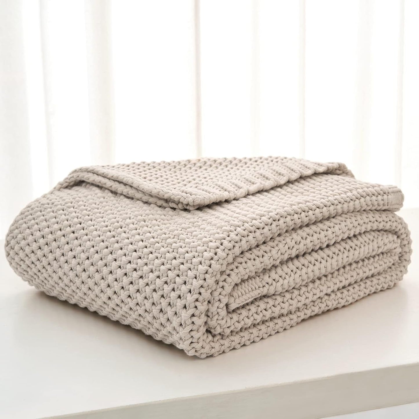 Chunky stickad plädfilt, Lättvikt, Beige, 100 % ekologisk bomull, Filt för soffa, soffa, säng, barn, barnrum, Rustik, Shabby chic, Modern bondgård, 152,4 X 203,2 cm, Inklusive tvättpåse Sängar och filtar Longhui sängkläder