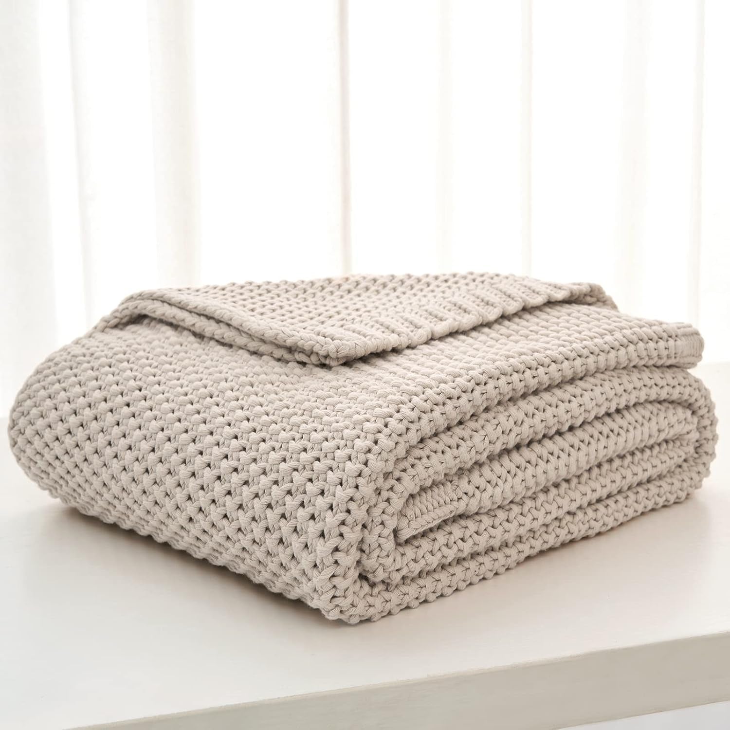 Chunky stickad plädfilt, Lättvikt, Beige, 100 % ekologisk bomull, Filt för soffa, soffa, säng, barn, barnrum, Rustik, Shabby chic, Modern bondgård, 152,4 X 203,2 cm, Inklusive tvättpåse Sängar och filtar Longhui sängkläder