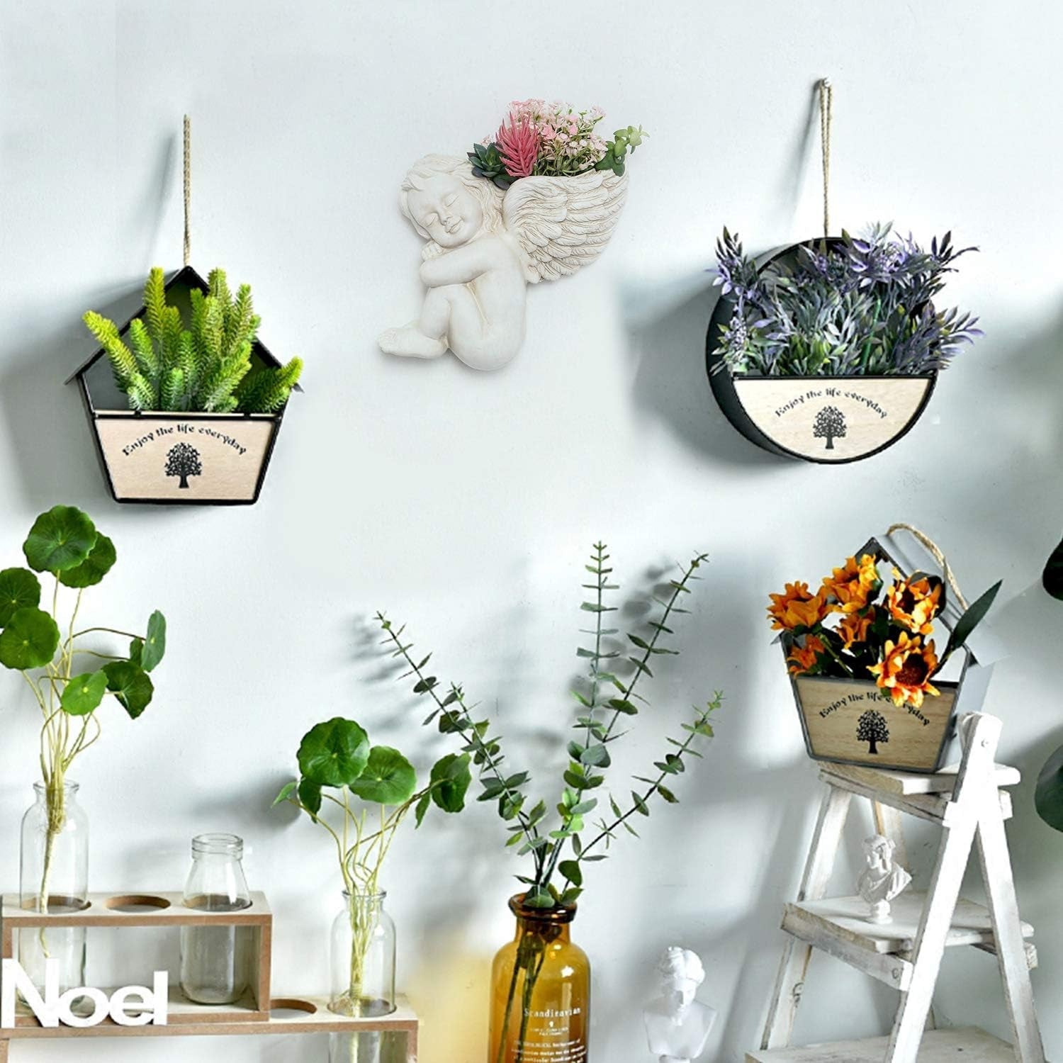Vägg- och platt ytmonterad växtkruka 20 cm Höjd Ängelhuvud Väggfäste Blomstativ Vas Dockansikte Harts Kruka Bord Växtbehållare Krukor