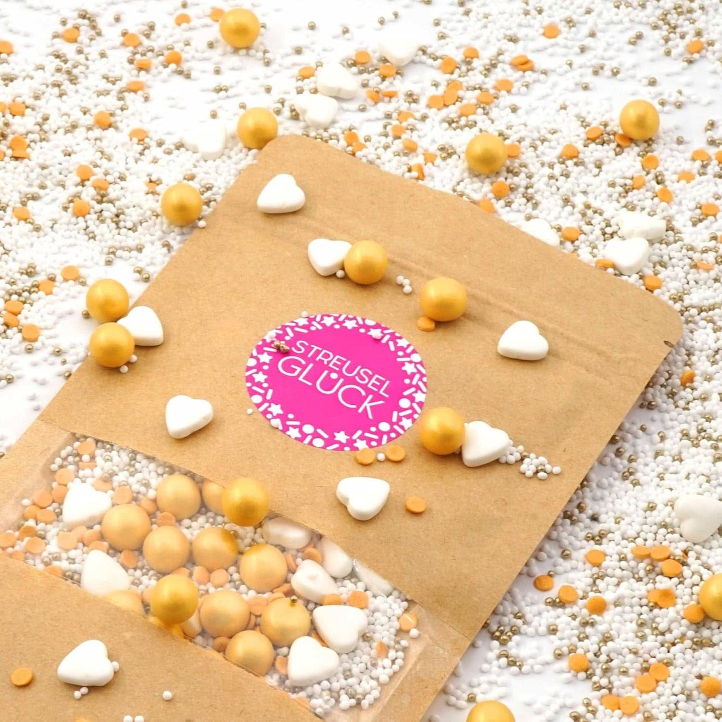 Streusel Glück, Strössel med vita hjärtan och gyllene bollar, 40 gram Strössel Naty Shop