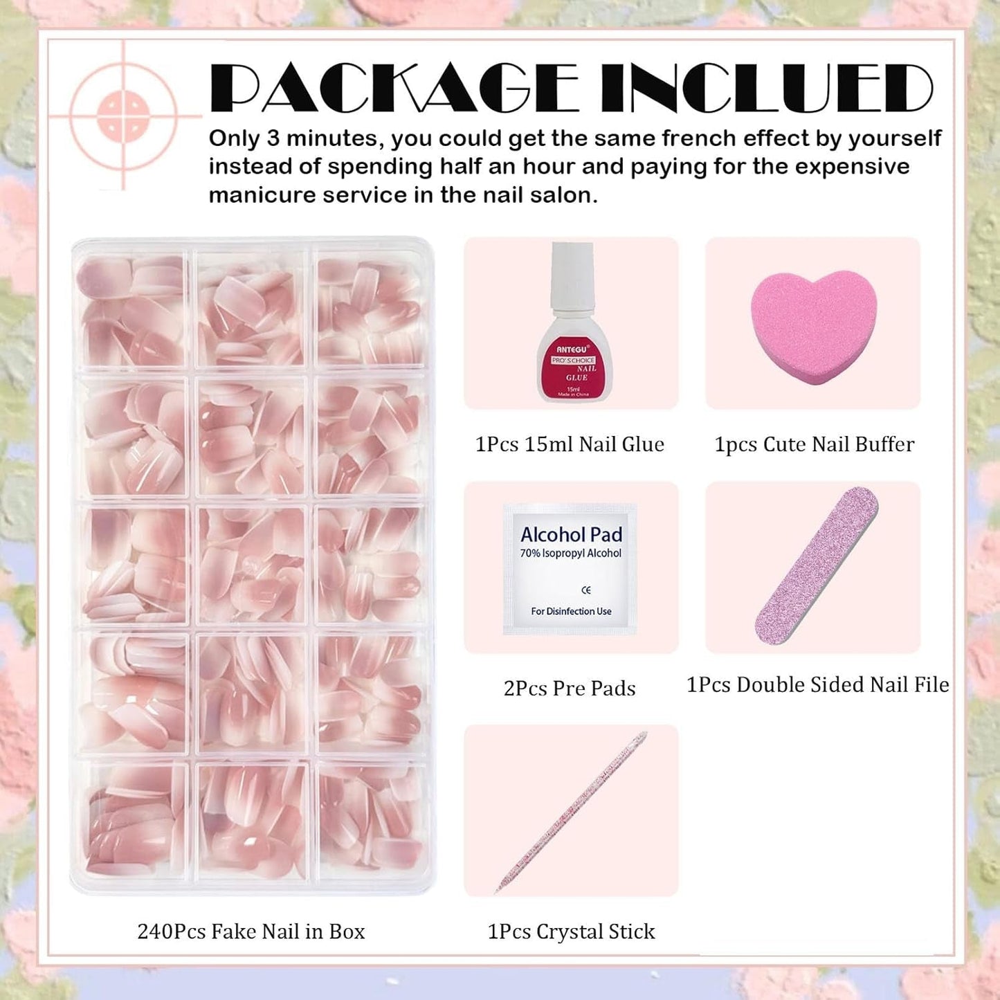 240 st Korta lösnaglar Set - Korta naturliga konstgjorda falska naglar för limning - Nude Gradient Konstgjorda naglar för Box Nail Extensions (Nude Gradient)