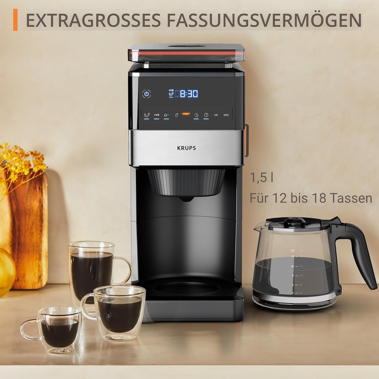 KRUPS Grind Aroma XL Espressobryggare, löstagbar konisk kvarn, Digital kontrollpanel, XL Kapacitet (1,5 L), Håll varm funktion, Glaskaraff, Svart/rostfritt stål, KM842810