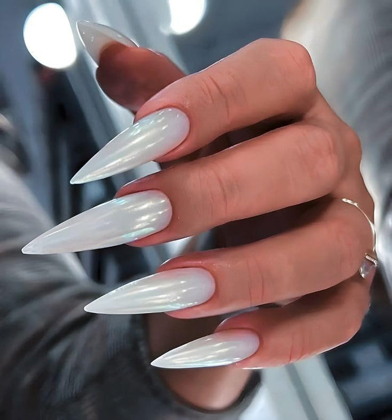 Mouyouglow Långa naglar Stiletto Milky White Gradient Rosa Glitter Coola falska naglar med lim Rosa Ombre Glitter konstgjorda naglar