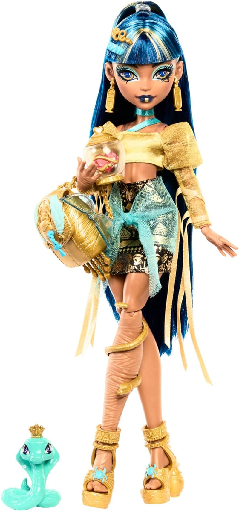 Monster High Cleo De Nile docka i guldblus och lagerkjol, inkluderar Hissette cobra och tillbehör som en skolväska, ett mellanmål och en rulle toalettpapper, HXH74