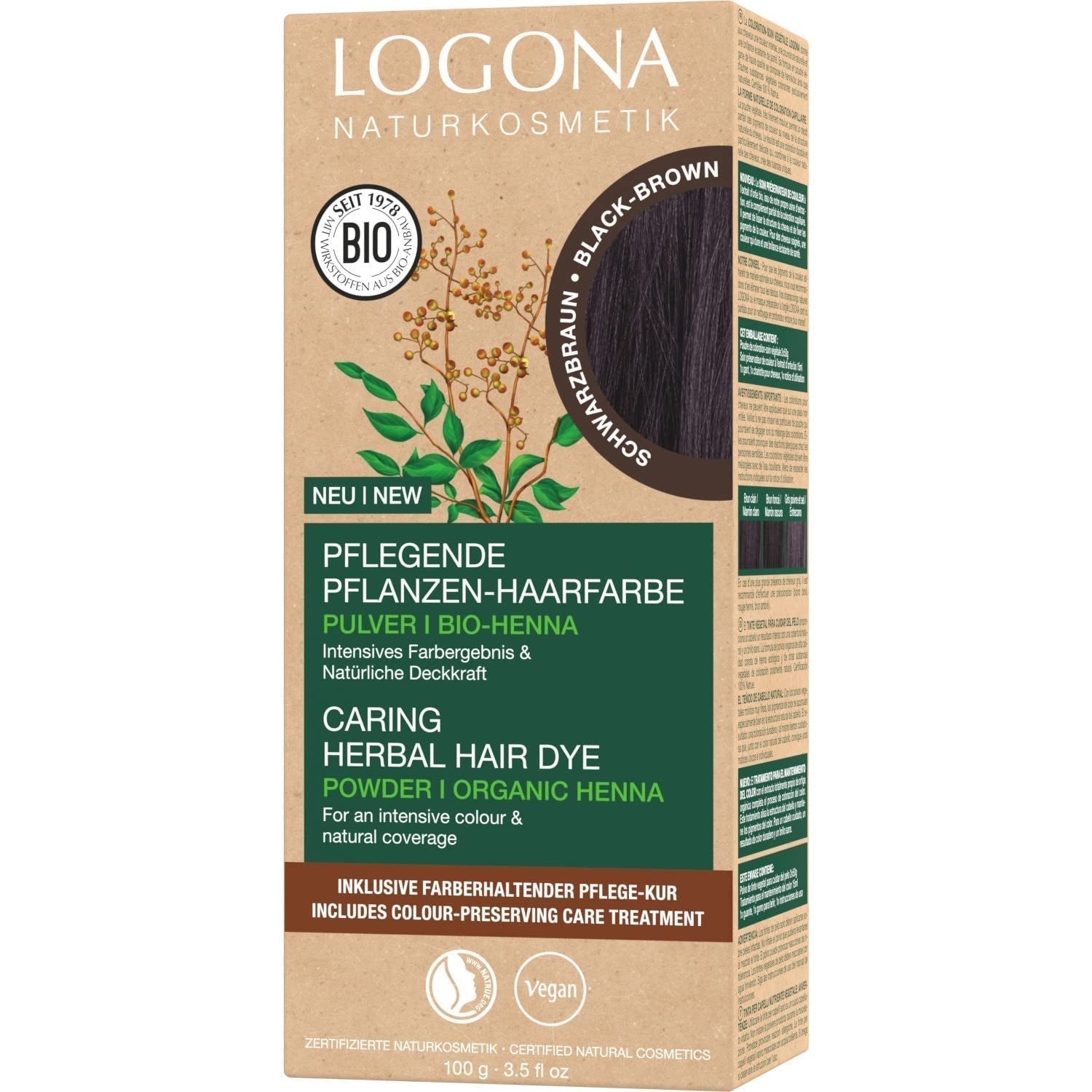 LOGONA Natural Cosmetics Örtvårdande hårfärgningsmedel, organiskt Hennapulver Vegansk hårfärg för intensiv färg och glans, Örtfärgat hårfärg i kopparblond (blond), 1 x 100 g Naty Shop Hårfärgning Svartbrun 100G (1 förpackning)