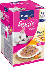 Vitakraft Poésie Création, Tender Selection, Våt kattmat, Våt kattmat i sås, med kyckling, med kalkon, med nötkött, utan tillsatt socker och flingor (1 förpackning om 6 x 85g)