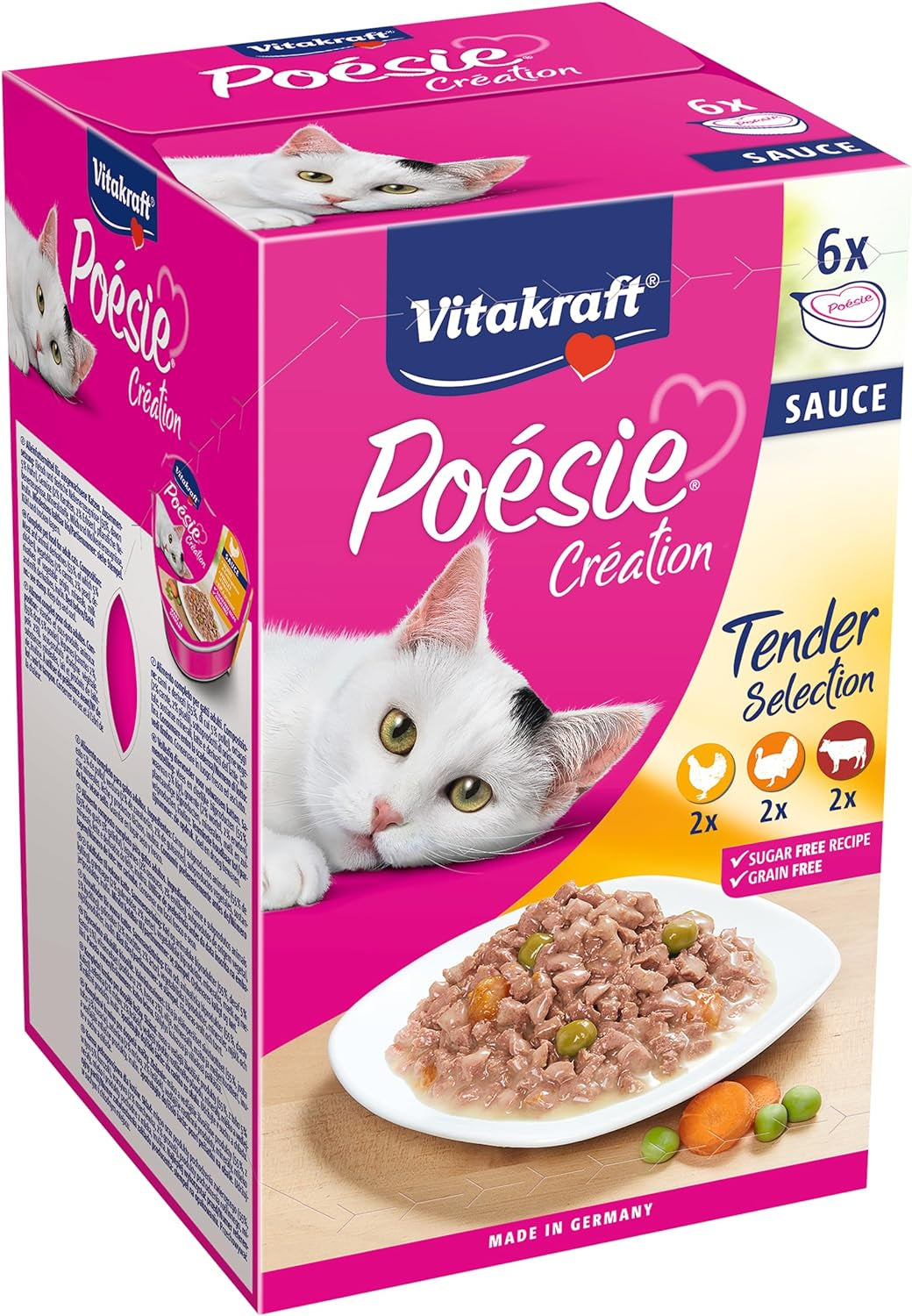 Vitakraft Poésie Création, Tender Selection, Våt kattmat, Våt kattmat i sås, med kyckling, med kalkon, med nötkött, utan tillsatt socker och flingor (1 förpackning om 6 x 85g)