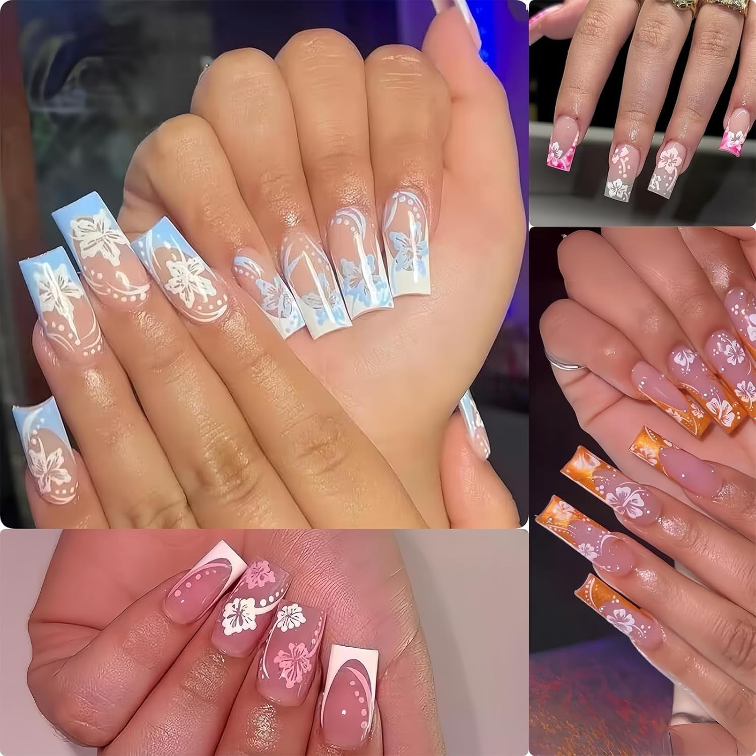 8 Stück Hibiskus Nagelsticker, 3D Selbstklebende Blumen Nagelaufkleber, Weiß Rosa Gelb Magenta Sommer Neonagelklistermärke, Nagelkonst Zubehör Nagel Deko Für Frauen