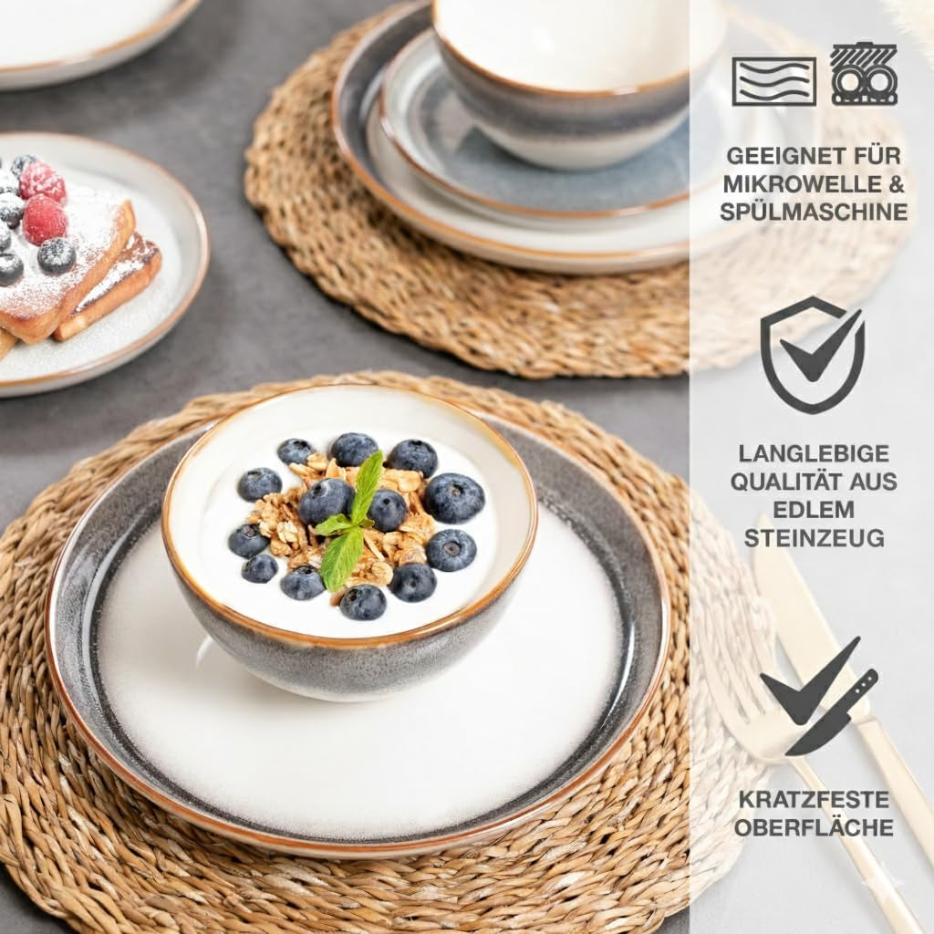 Moritz & Moritz TARENTO 24-delat servisset för 6, grå - Elegant tallriksset i stengods av hög kvalitet - Matservisset innehåller 6 mattallrikar, 6 desserttallrikar, 6 middagstallrikar och 6 koppar