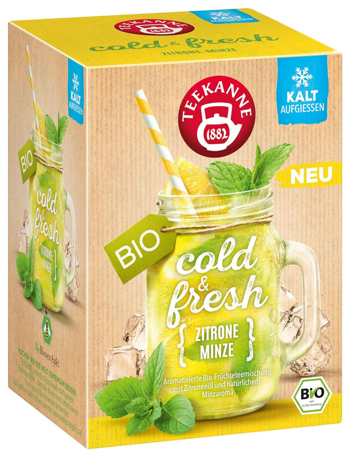 Teekanne Cold & Fresh BIO 4Er Mix - Med de nya varianterna citron-mint, persika-maracuja, apelsin-rosmarin, grapefrukt-mint-ingfära (4 X 45G)