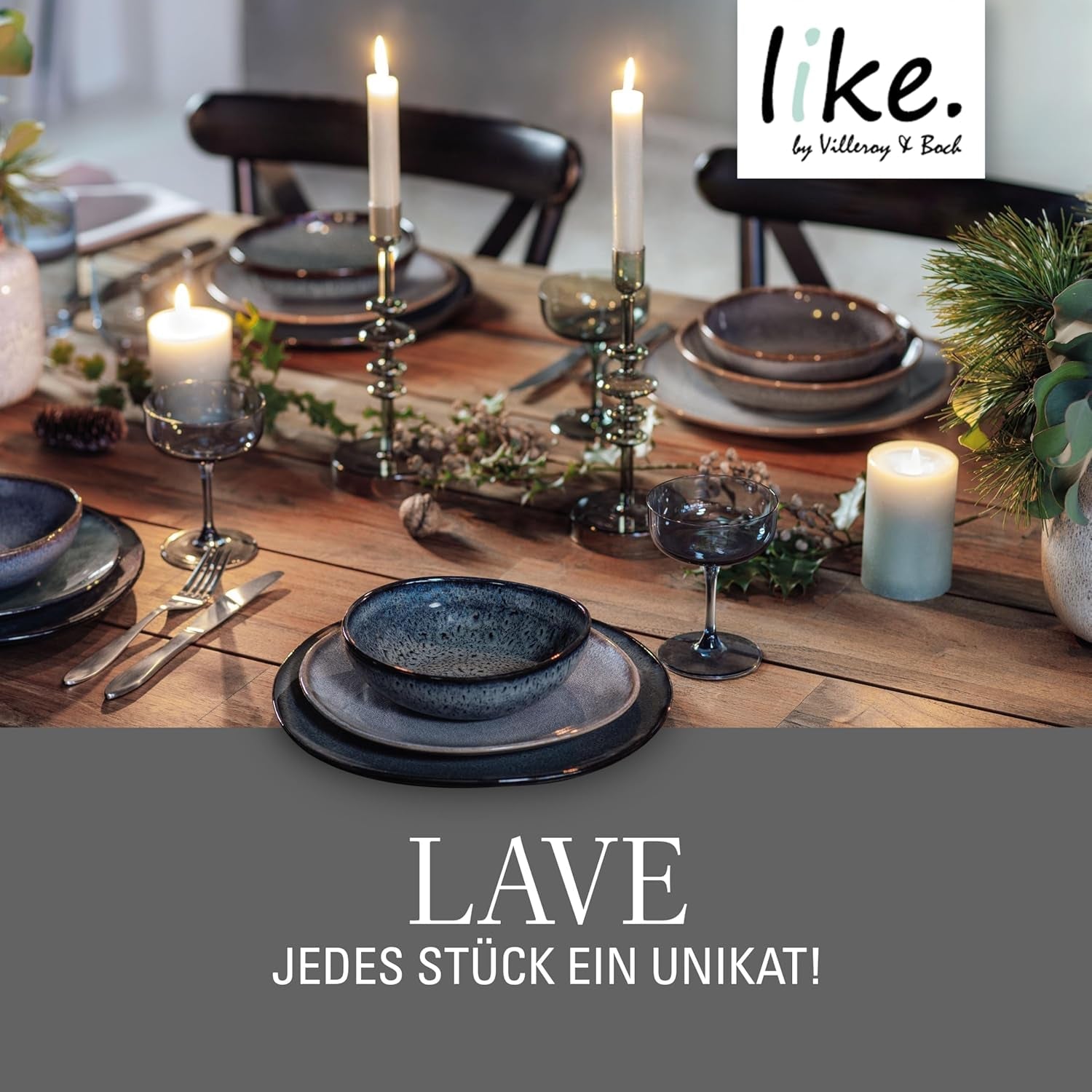 som. de Villeroy & Boch - Lave Gris servisset i stengods, 4 delar, keramiskt utseende, bordsservering för 2, grå