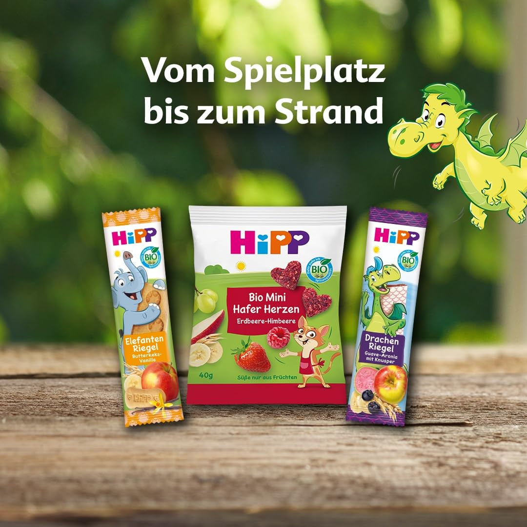 HiPP Oatmeal Vanilla Heart Mini Biscuits (12 x 40g), från 1 år, ekologisk hjärtformad snackbar, rik på spannmål och fiber, endast sötad med frukt, av bästa ekologiska kvalitet