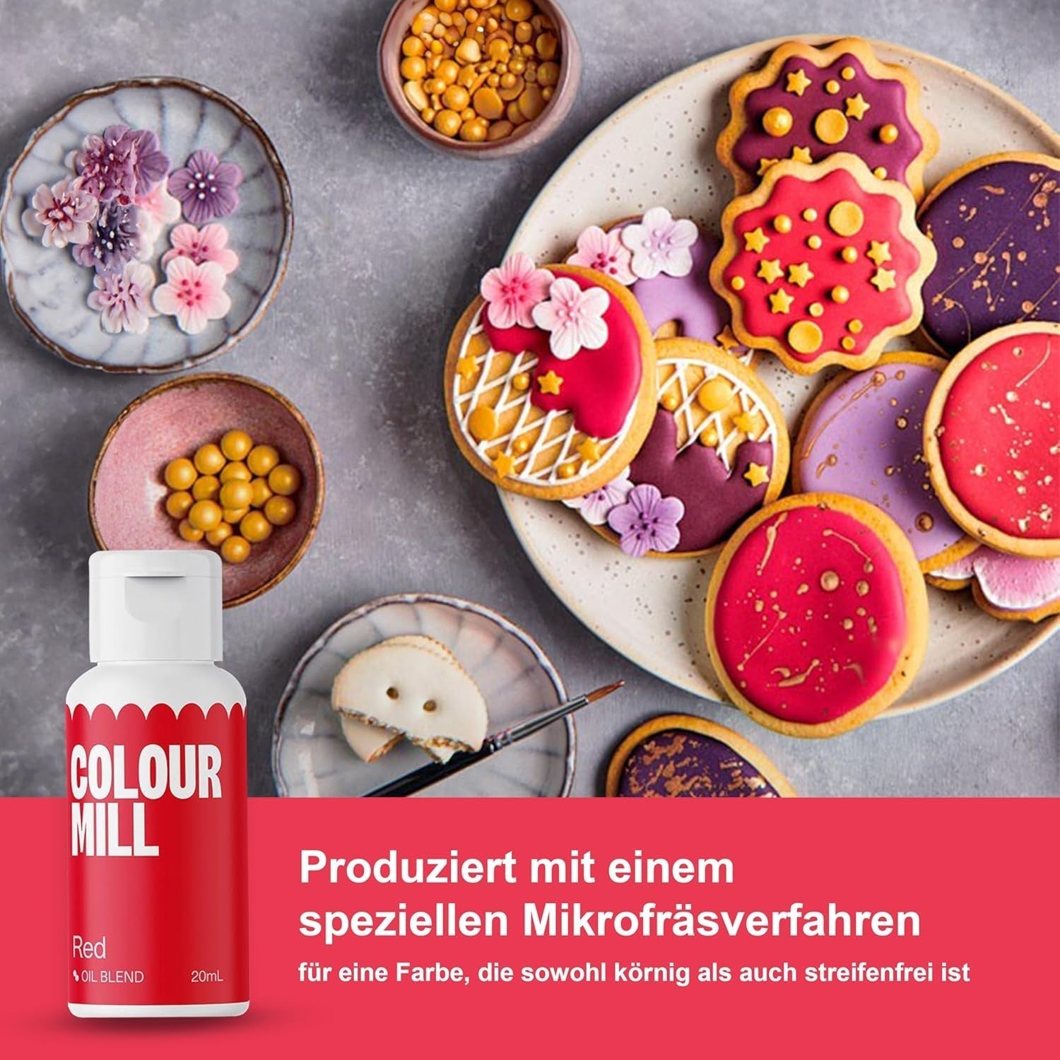 Color Mill Liquid Food Coloring Set - 5 x 20 ml oljebaserad (svart, varm rosa, lila, röd och blå) - UV-beständig - Perfekt för bakning och som topping för tårtor, muffins och tårtdekorationer