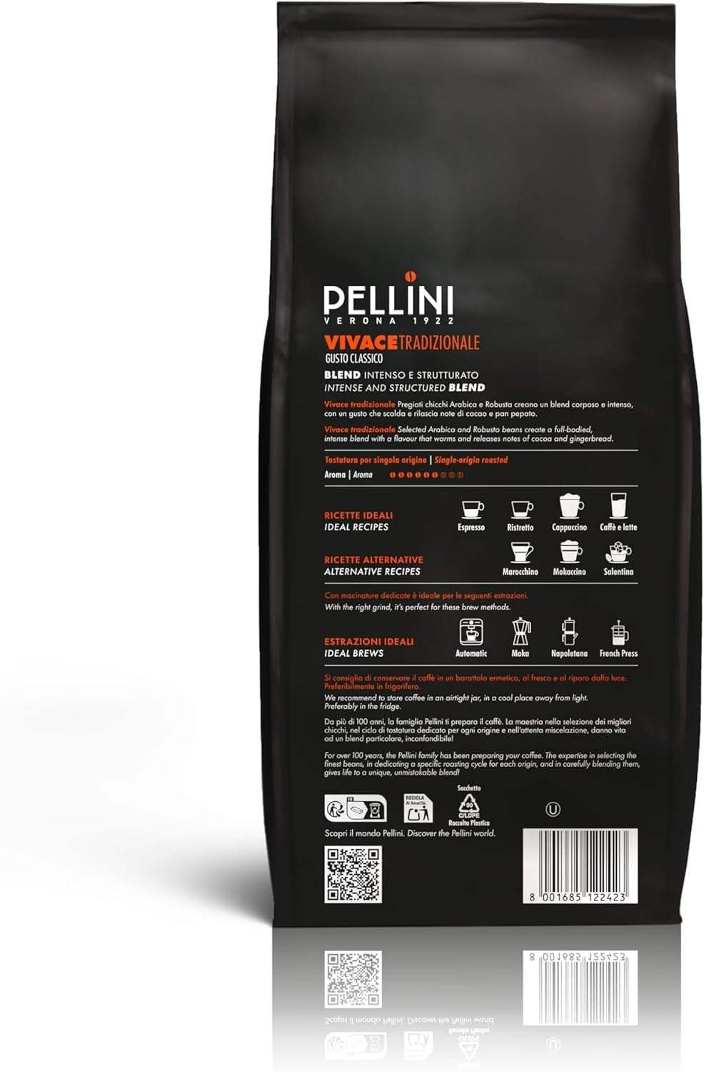Pellini N.82 Vivace, Kaffeebohnen für Espresso 1 kg, Arabica- och Robusta-Mischung mit Kräftigem och Ausgefungem Gesmack, Mittlere Röstung