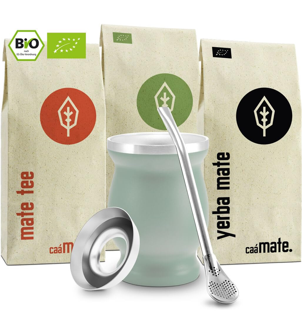 Mate Bio Tea Set ● 3 sortiment av Mate + Dubbelväggig Mate-mugg i rostfritt stål + Bombilla + Brygganvisningar (svart)