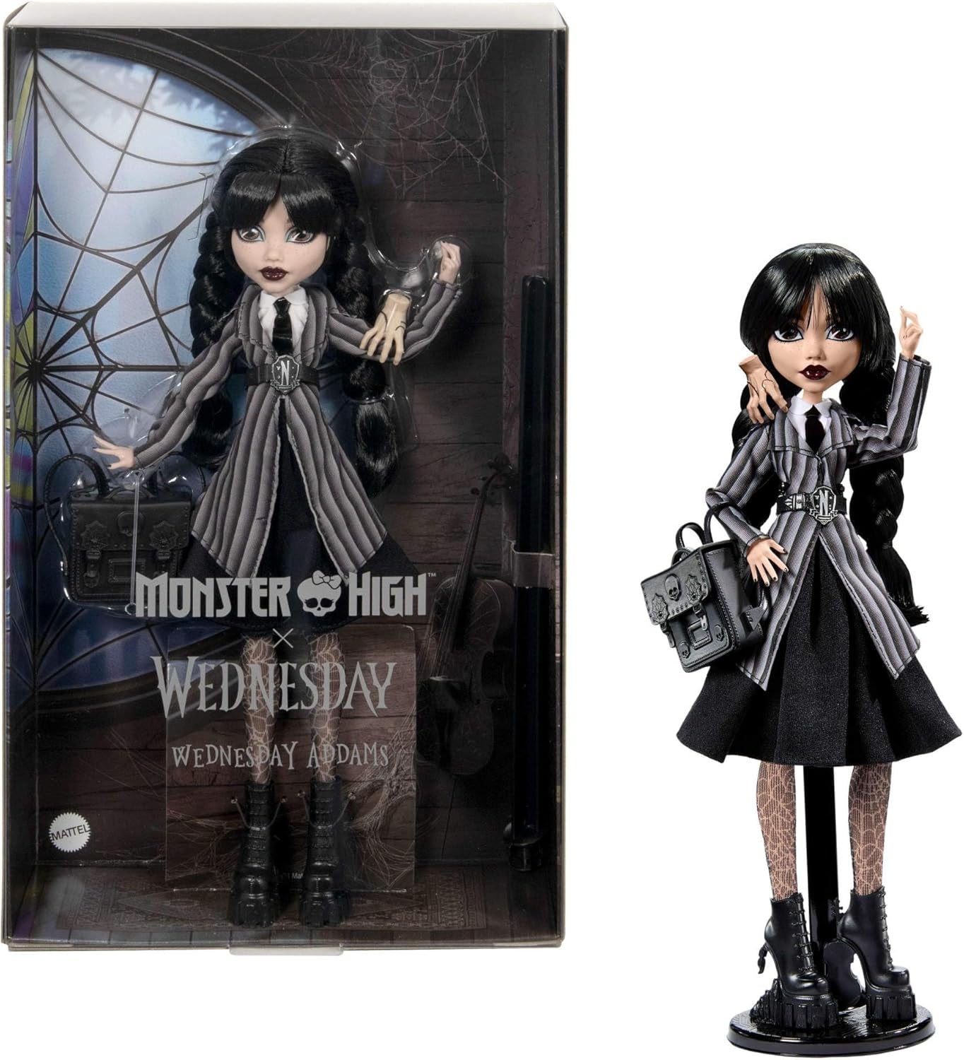 Monster High onsdagsdocka och tillbehör onsdag Addams samlarfigur i Nevermore Academy Uniform med iskall hand och ryggsäck dockställ HXJ04 Naty Shop Dolls [Multicolor]