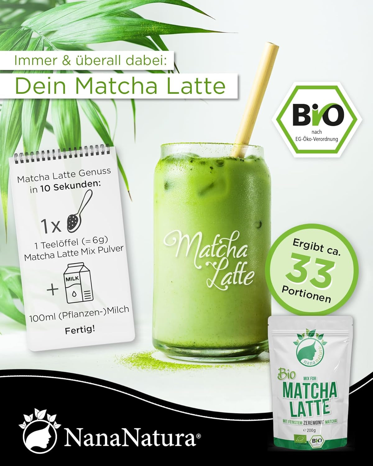 Nananatura'S Bio Matcha Latte Mix med 22 % ceremoniellt grönt tepulver från Japan | För en enkel och läcker njutning av te | Passar även till glass och bakverk