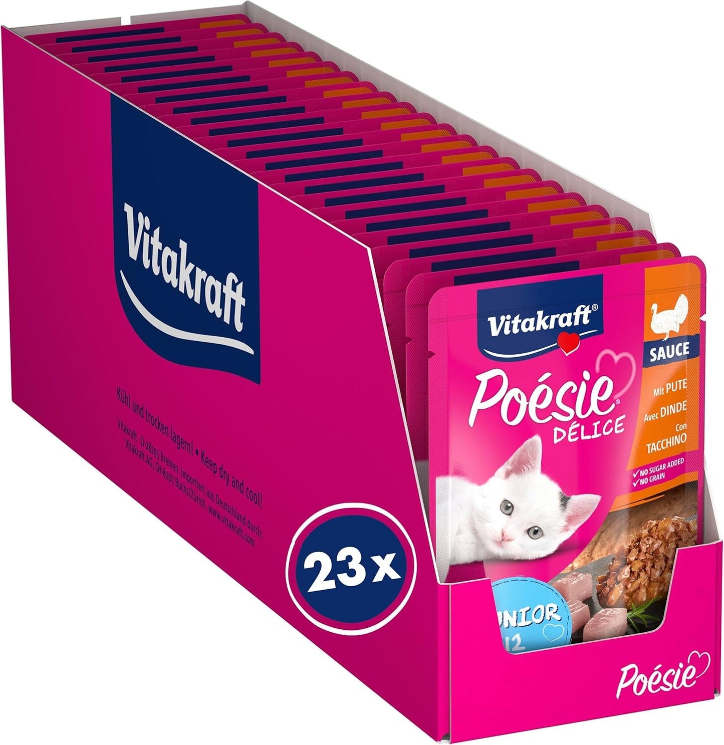 Vitakraft Poésie Délice, Junior, Våtfoder för katter, Våtfoder i sås, med kalkon, Multipack, för unga katter, Inget tillsatt socker eller spannmål (23 x 85g)