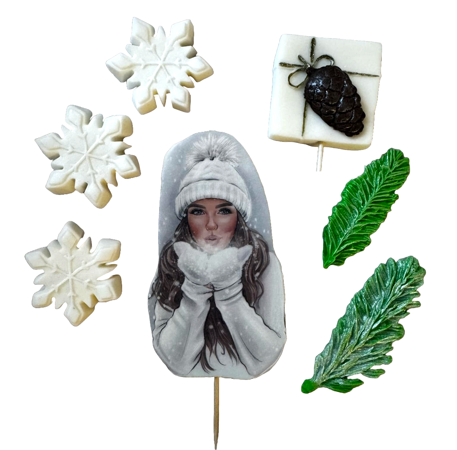 Set med 7 ätbara sockerpastadekorationer, Vacker dam, vit hatt Sockerpastadekorationer Naty Shop