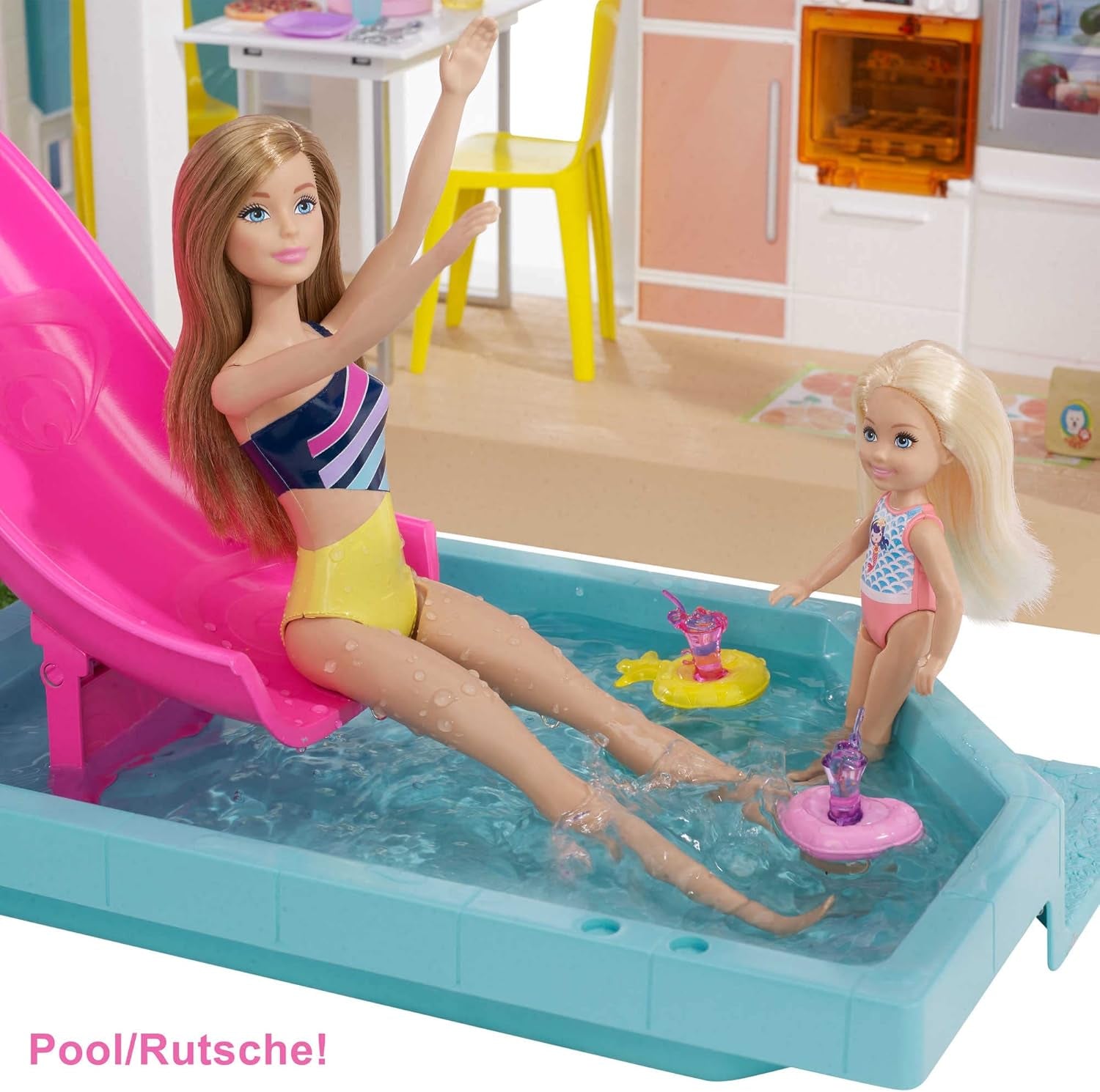 Barbie Dream House (114 cm), 3-vånings dockhus, pool, rutschkana, rullstolslift, 75 tillbehör, dockor, lämplig som present till barn från 3 år och uppåt, GRG93 Naty Shop Doll Houses