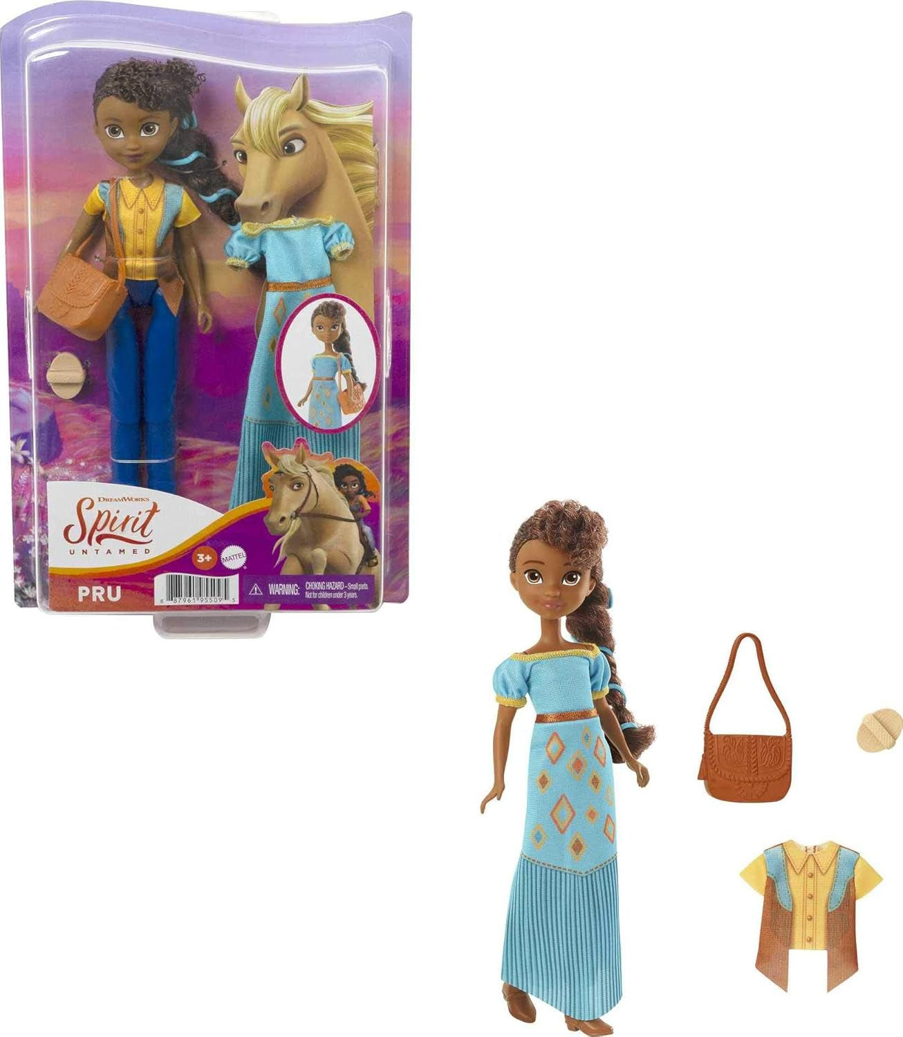 Dreamworks Spirit GXF18 - Spirit - Gratis och otämjt fashionabla roliga Pru-docka (18 cm), 2 fashionabla kläder och tillbehör, 7 rörliga leder, bra present för barn från 3 år och uppåt