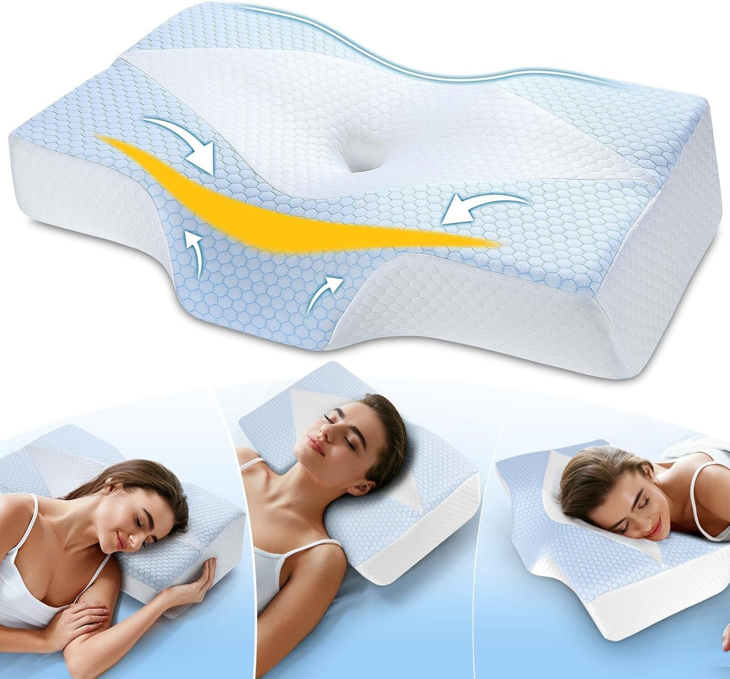 Memory Foam Nackkudde Ergonomisk ortopedisk kudde för smärta i nacke och axel - Svalkande sovkudde för sido-, rygg- och magsliprar med nackstöd Cervikala ortopediska kuddar Naty Shop Blå Vit(63,5Cm*40,6Cm*10,7/13,2Cm) Blau Weiss (63,5 cm*40,6 cm*10,7/13,2 cm)
