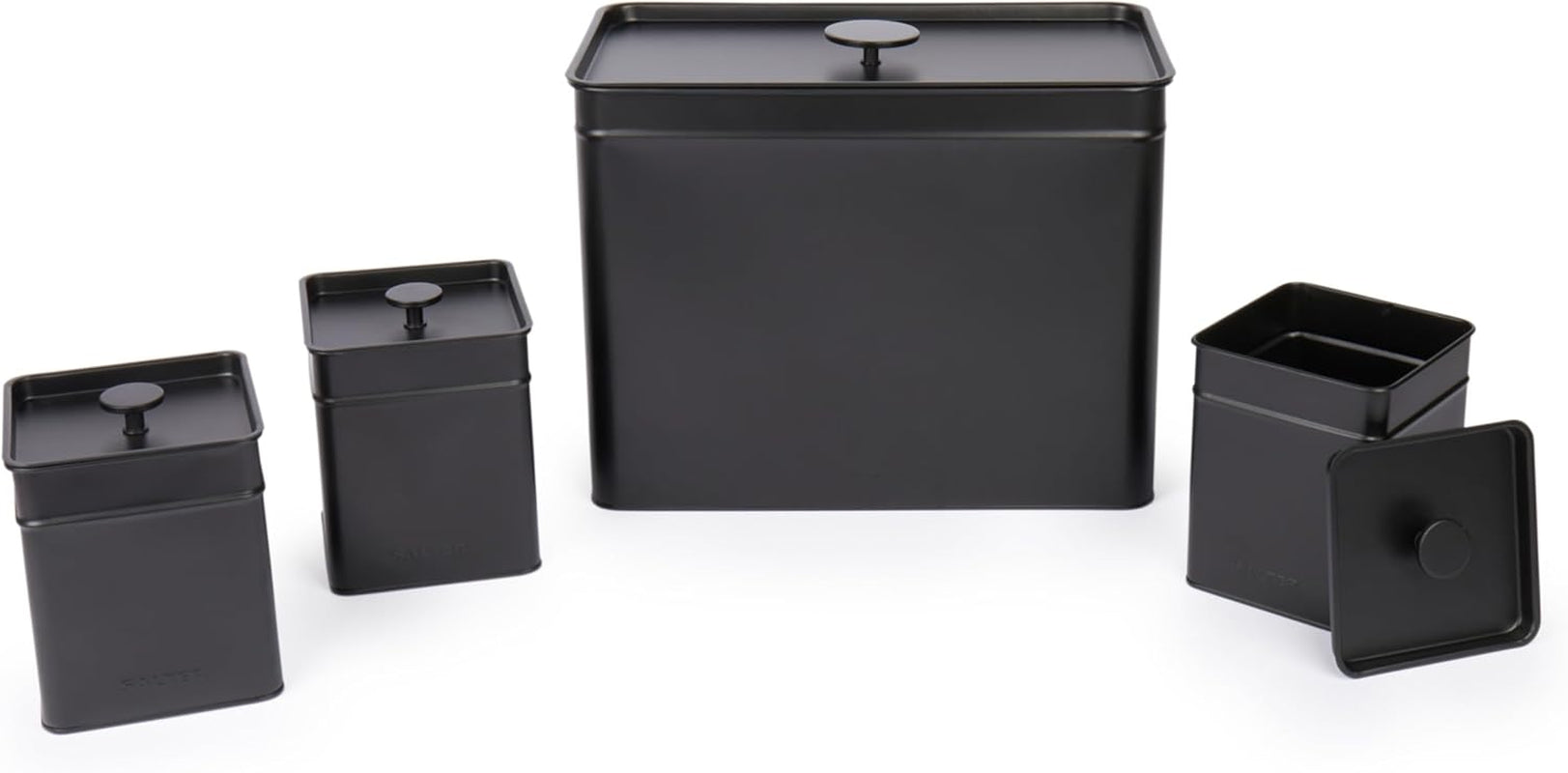 Salter BW12614EU7 Kuro förvaringslådor set - 4 köksbehållare Bröd/te/kaffe/socker Fyrkantiga förvaringslådor Lätt att rengöra Håll maten fräsch Svart Naty Shop Matförvaringslådor Set med 4