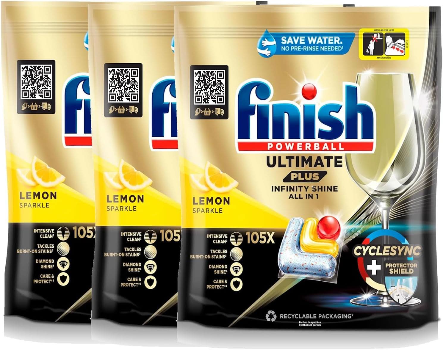Finish Ultimate plus Infinity Shine Citrus Dishwasher Tabs - Tabletter för diskmaskinen, intensiv rengöring - 105 kapslar, citron Naty Shop Set 3 x 105 kapslar