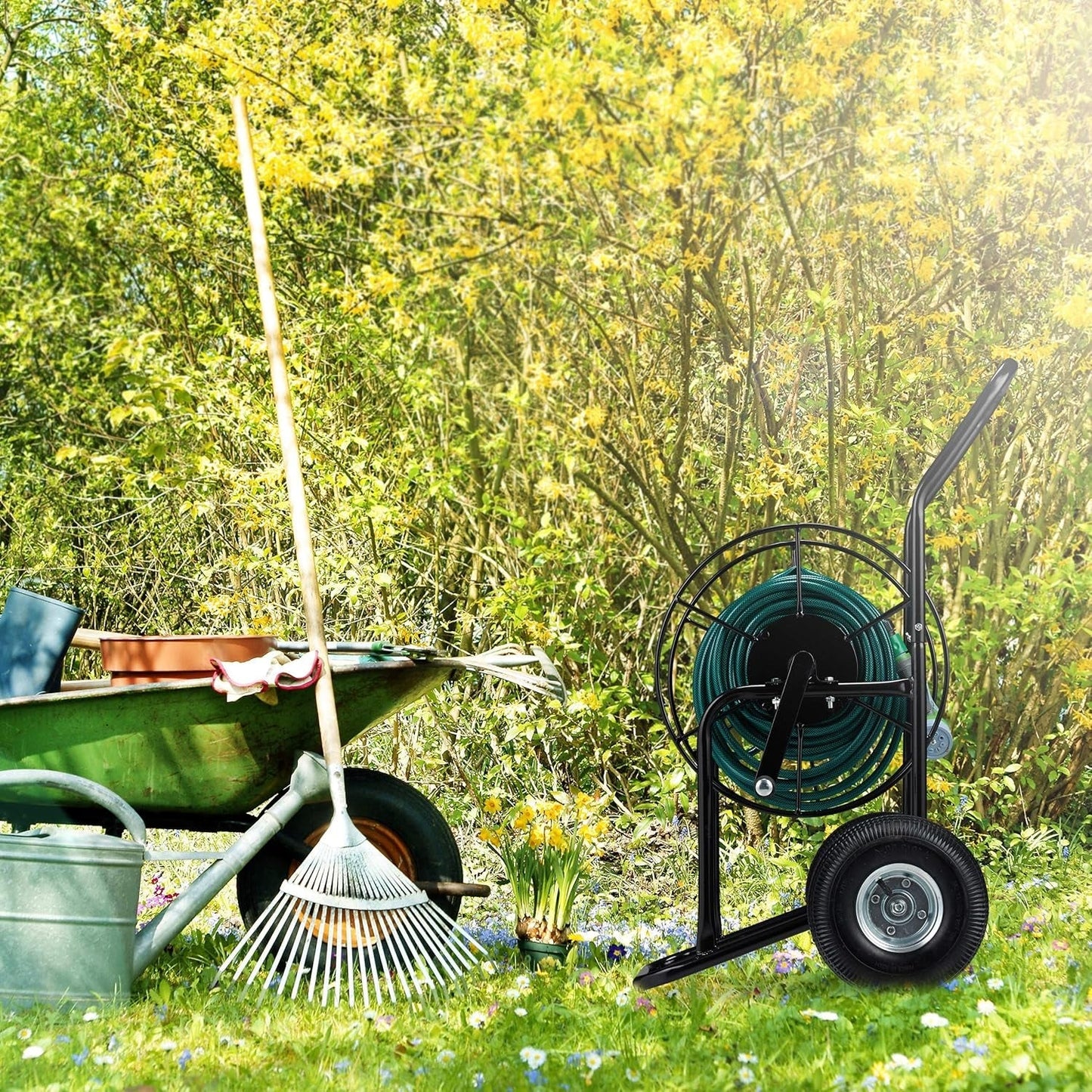Relaxdays slangvagn, mobil slangupprullare, 1/2" och 3/4" anslutning, slang upp till 80 m, 2 hjul, metall, svart